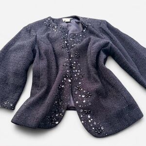 Victor Costa Black Sequin Embellished Blazer w/ Floral Beading, GUC, Size 1X